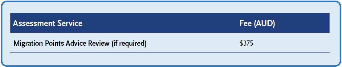 Table showing assessment service fee: Migration Points Advice Review (if required) — $375 AUD.