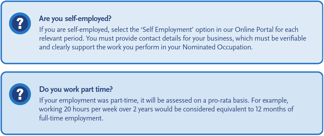 Two information notices: one explains requirements for self-employed applicants to provide verifiable business contact details, and the other explains that part-time employment is assessed on a pro-rata basis.