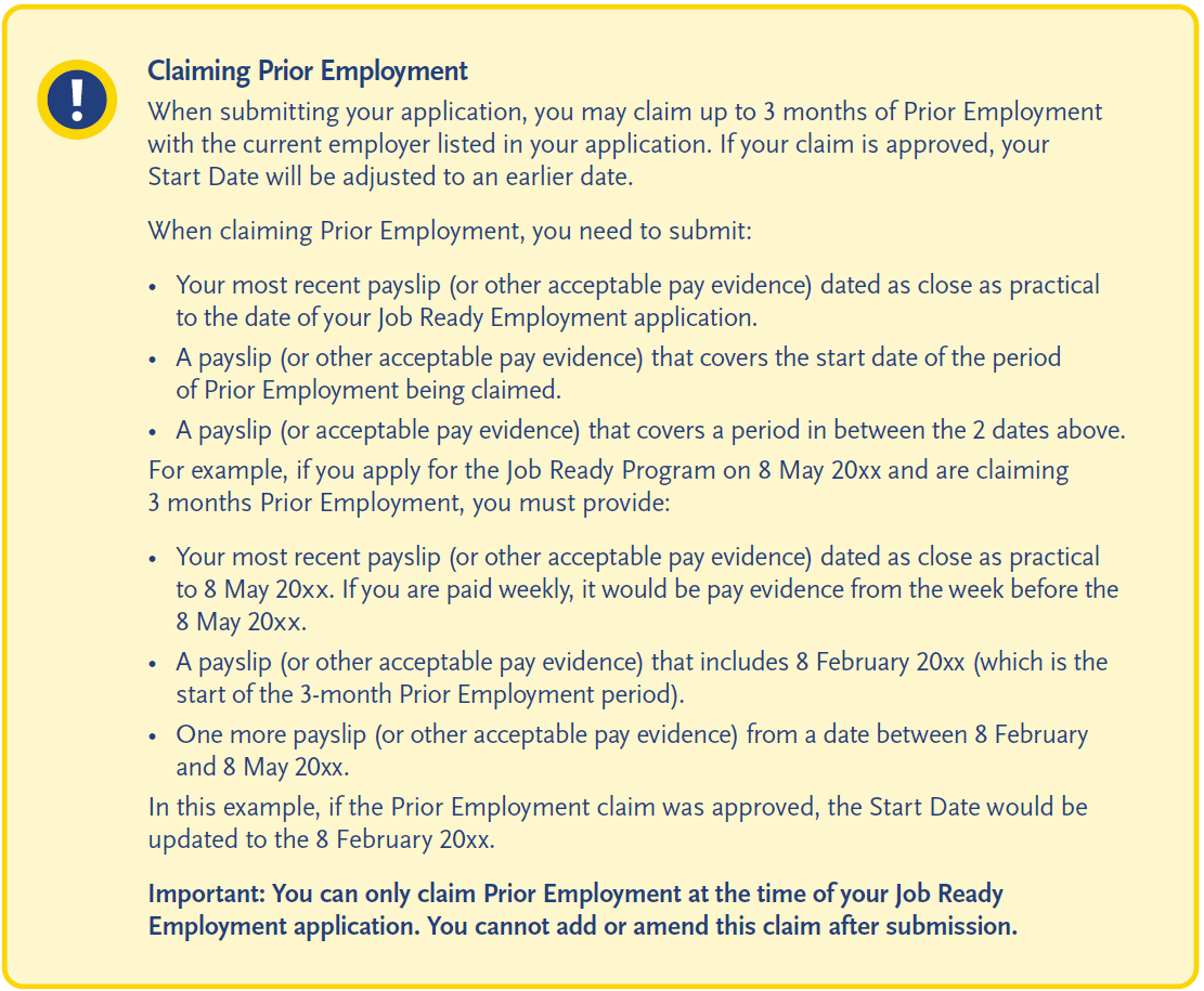 Prior employment claim requirements, including payslip evidence and application timing rules.
