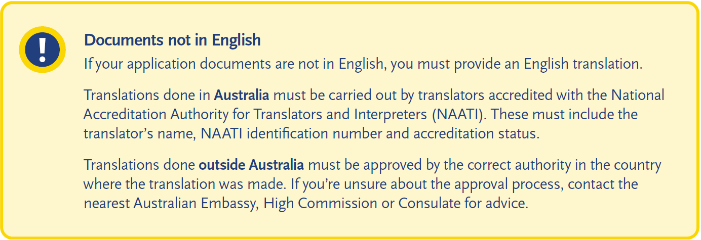 Warning notice explaining that application documents not in English must be accompanied by an English translation, with specific requirements for translations completed in Australia and overseas.