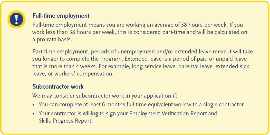 Full-time and subcontractor employment requirements, including hours, leave impacts, and contractor criteria.