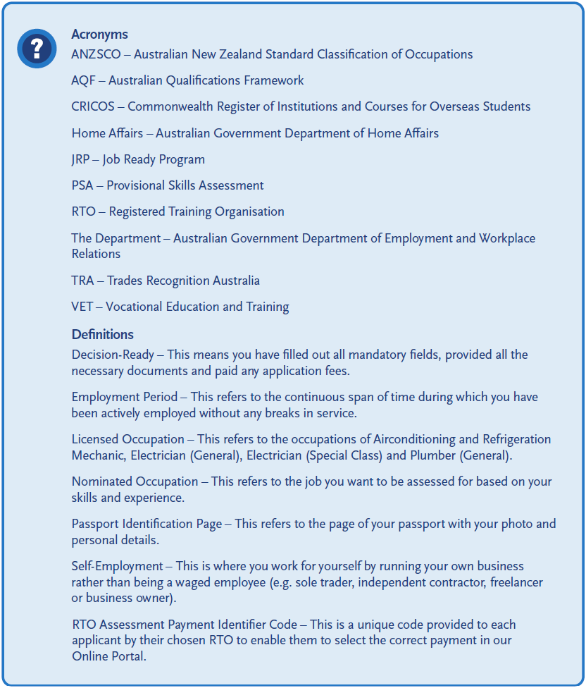 Information panel listing acronyms and definitions used in an application process, including ANZSCO, AQF, CRICOS, Home Affairs, JRP, PSA, RTO, TRA, and VET, followed by definitions for terms such as Decision-Ready, Employment Period, Licensed Occupation, Nominated Occupation, Passport Identification Page, Self-Employment, and RTO Assessment Payment Identifier Code.