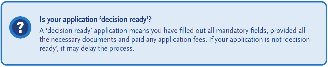 Information box explaining that a “decision ready” application is complete, with all required fields filled in, supporting documents provided, and application fees paid. Incomplete applications may delay processing.