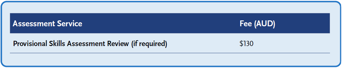 Assessment service fee table showing Provisional Skills Assessment Review (if required): AUD $130.