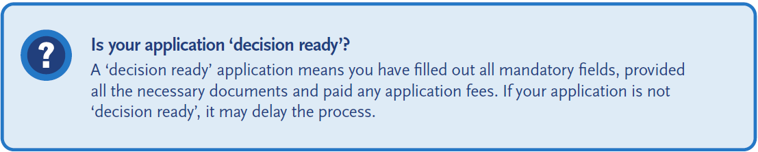 Information about a decision-ready application: all required fields completed, documents provided, and fees paid to avoid delays.