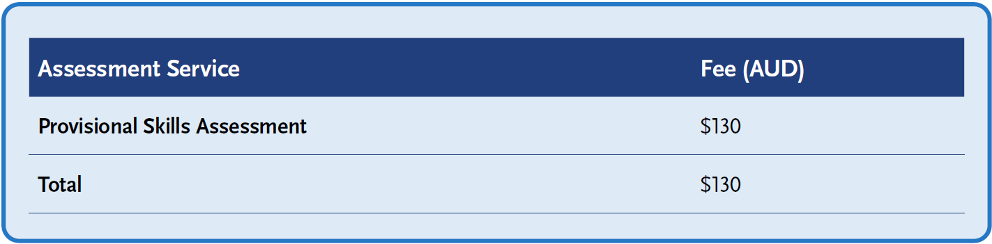 Assessment service fee table showing Provisional Skills Assessment: AUD $130 and Total: AUD $130.