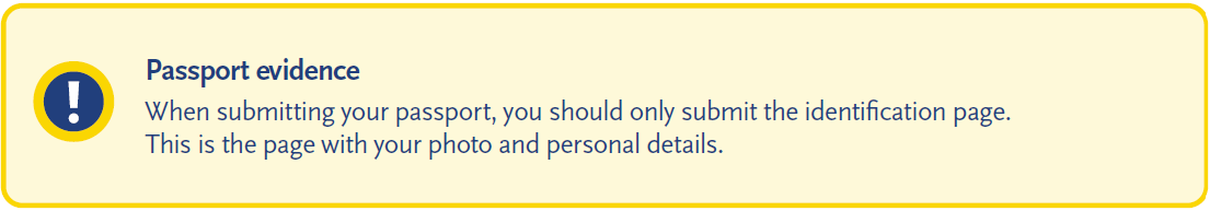 Information notice stating that when submitting a passport, only the identification page should be provided—the page containing the photo and personal details. An exclamation icon appears on the left.