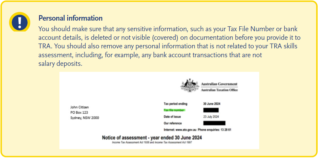 Personal information guidance on removing sensitive data from documents before submission, with example notice of assessment.