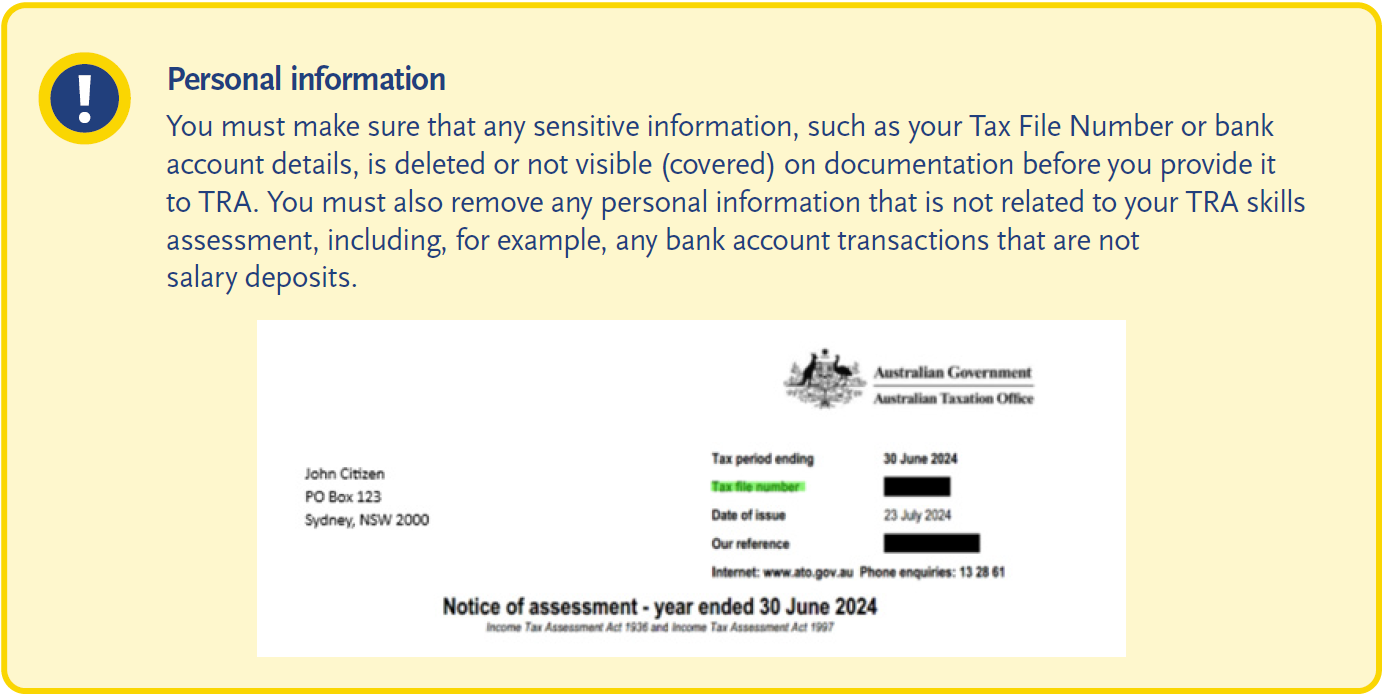 Warning notice about personal information, advising applicants to remove or cover sensitive details such as tax file numbers, bank account information, and unrelated personal transactions before submitting documents for a TRA skills assessment. An example tax assessment document with a redacted tax file number is shown.
