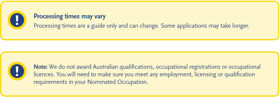 Two warning information boxes with exclamation icons. The first advises that processing times are a guide only and may change, and that some applications may take longer. The second notes that Australian qualifications, registrations, and licences are not awarded through the process, and applicants must meet any employment, licensing, or qualification requirements for their nominated occupation.