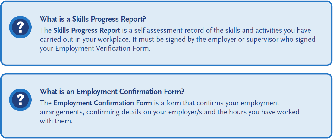 Two blue info boxes explain what a Skills Progress Report and an Employment Confirmation Form are and what they are used for.